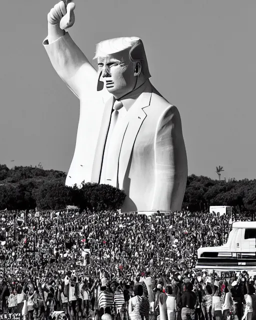 Image similar to a gigantic 1000 foot tall white marble statue of president Donald trump giving his thumbs up sign, dwarfs thousands of onlookers on a beach, as a fleet of Silver Flying saucers watch from above, cinematic