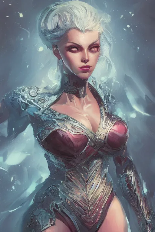 Image similar to three quarters portrait pose of a beautiful woman, strong body,super heroine costume,super powers, fantasy, intricate, elegant, highly detailed, digital painting, artstation, concept art,shining, sharp focus, illustration, art by Stanley Lau