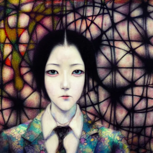 Prompt: yoshitaka amano blurred and dreamy realistic three quarter angle portrait of a young woman with black eyes wearing dress suit with tie, junji ito abstract patterns in the background, satoshi kon anime, noisy film grain effect, highly detailed, renaissance oil painting, weird portrait angle, blurred lost edges