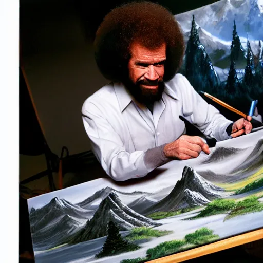 Image similar to a closeup photorealistic photograph of bob ross working on a canvas painting of darth vader. film still. brightly lit scene. mountains and trees. this 4 k hd image is trending on artstation, featured on behance, well - rendered, extra crisp, features intricate detail, epic composition and the style of unreal engine.