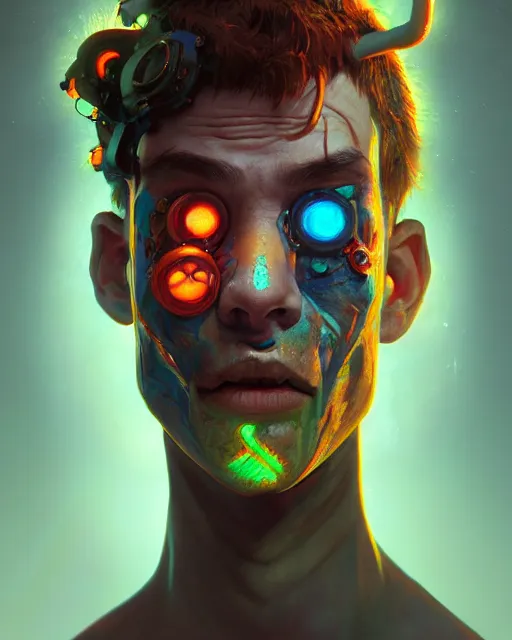 Prompt: portrait of a patchwork boy, bioluminescent, horror, asymmetrical art, highly detailed, concept art, cinematic, hyperrealism, epic, art by stanley lau and artgerm and magali villeneuve and alphonse mucha and pixar, artstation, octane render, cgsociety