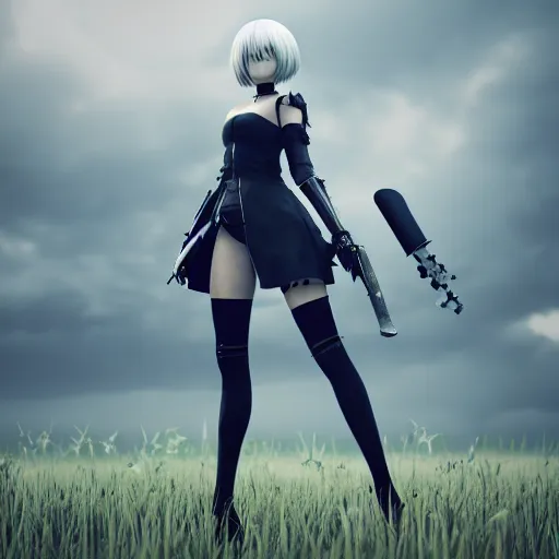 Prompt: 2B nier automata in a field, 4k, detailed face, blender render