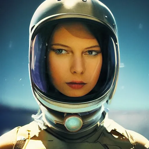 Image similar to beautiful extreme closeup portrait photo in style of 1 9 9 0 s frontiers in retrofuturism deep diving helmet fashion magazine wachowski edition, highly detailed, focus on full body mirror in foreground, soft lighting