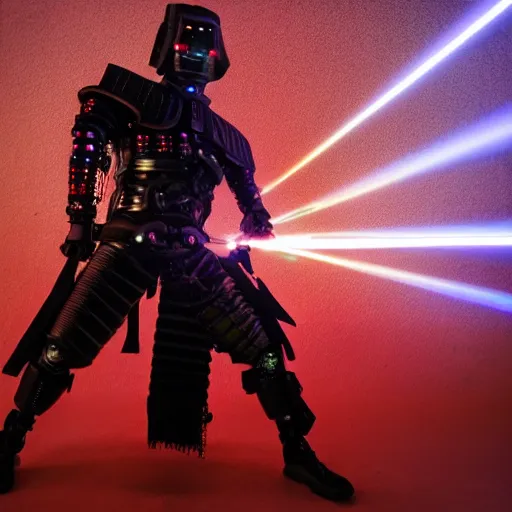 Prompt: photo of a cybernetic samurai with leds and laser weapons