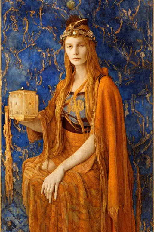 Image similar to portrait of the last witch of the dawn mountains with her lantern and regalia, by Annie Swynnerton and Nicholas Roerich and John Bauer and John William Godward and Donato Giancola and Vermeer, embroidered velvet, iridescent beetles, rich color, ornate headdress, flowing robes, lost runes, ancient civilizations, dramatic cinematic lighting, featured on Artstation, extremely detailed