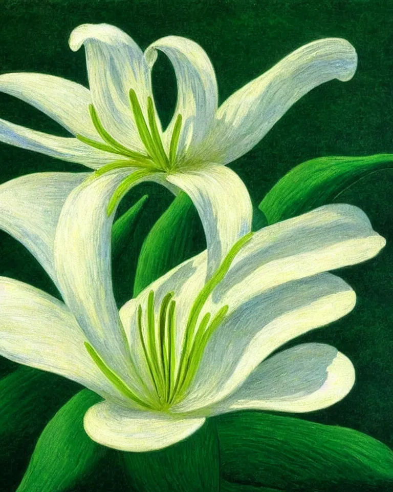 Image similar to achingly beautiful extreme close up painting of one white lily blossom on green background rene magritte, monet, and turner. piranesi. macro lens.