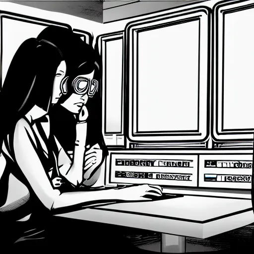 Image similar to twin sister models hacking into the mainframe of the pentagon, in the style of jamie hewlett and riyoko ikeda, black and white, photorealistic, epic, super cool