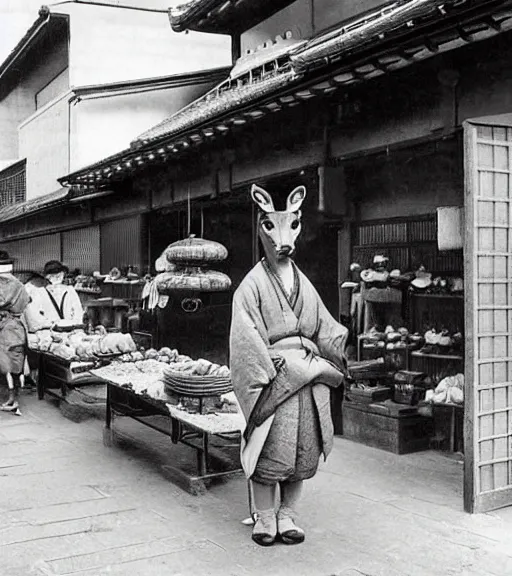 Image similar to 1 8 th century japanese street market in kyoto 1 9 0 0 s early photography portrait anthro anthropomorphic deer head animal person fursona wearing clothes street trader