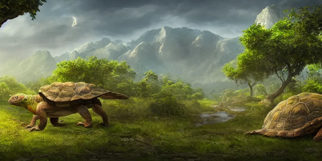 Prompt: a highly detailed matte painting of a new kind of animal, gigantic tortoise inspired by parrot and iguana, background orchard in the mountains, hd, concept art, artstation, deviantart