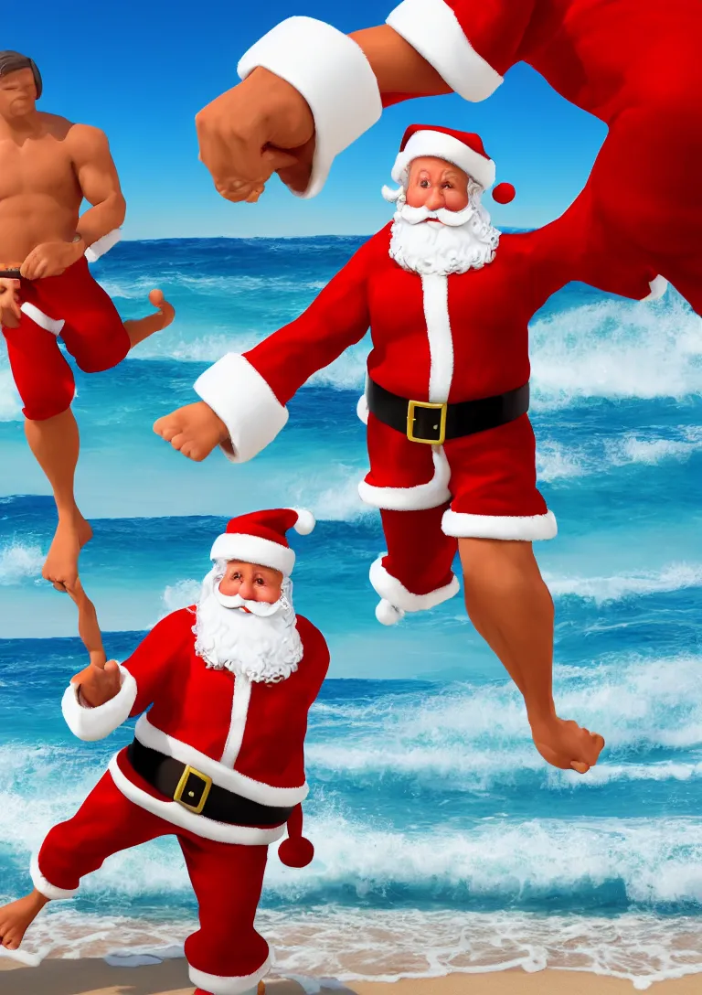 Prompt: portrait of santa claus wearing shorts surfing on the beach, 3d rendering of photo realistic image, super detailed, 4K,cinematic look