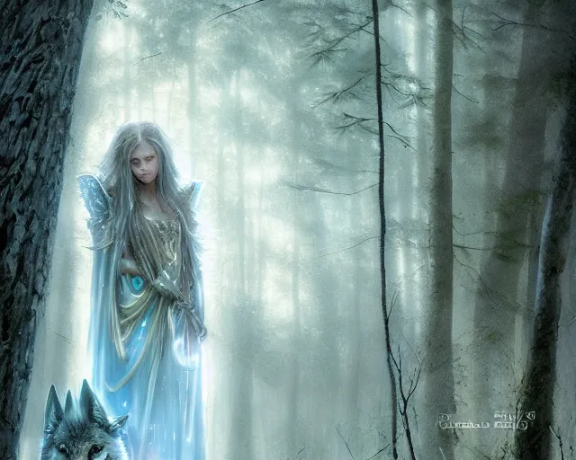 Image similar to 5 5 mm portrait photo of an armored holy angelic wolf with blue eyes and looking at the camera, glowing with holy lights, in a magical forest. magical atmosphere. art by greg rutkowski and luis royo. highly detailed 8 k. intricate. lifelike. soft light. nikon d 8 5 0.