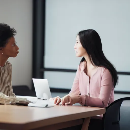 Image similar to two women talking in an office