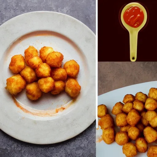 Image similar to food photo of channing tatum's face as giant tater tot on a plate with ketchup