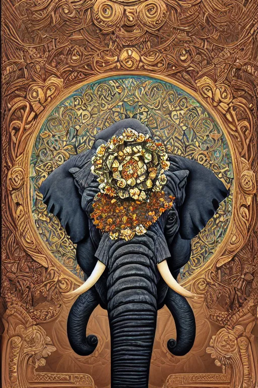 Image similar to Painted dark-wood panel relief carving of a close up of a Flowerpunk Matriarch Elephant, ornate border frame, explosion of colorful flowers, dark wood, intricately carved, black ink, festival of rich colors, intricate details, cinematic lighting, volumetric lighting, post-processing, art nouveau, tarot, fractal art, mandala, by andreas rocha and john howe, and Martin Johnson Heade, featured on artstation, featured on behance, golden ratio, hyper detailed, photorealistic, epic composition, center spotlight, f32, well composed, symmetrical, UE5, 8k