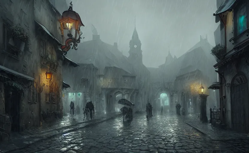 Image similar to extreme long shot concept art depicted rainy old french village, high details, dramatic mood, deep environment, art by legends of runeterra and tomasz jedruszek and gabor szikszai, trending on artstation, unreal engine, 8 k, 4 k