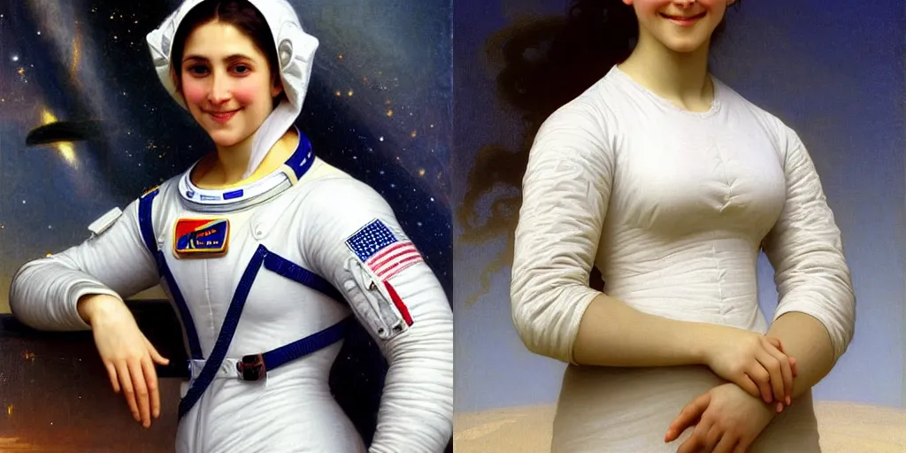 Prompt: asthetic! astronaut portrait female beautiful smiling, by William-Adolphe Bouguereau.