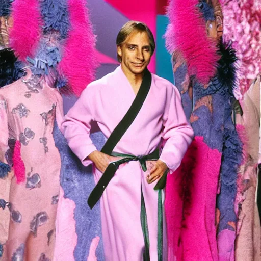 Prompt: tony danza as a model in fashion photography, designer runway robe that looks like brain matter, billowing, pink, roiling, detailed