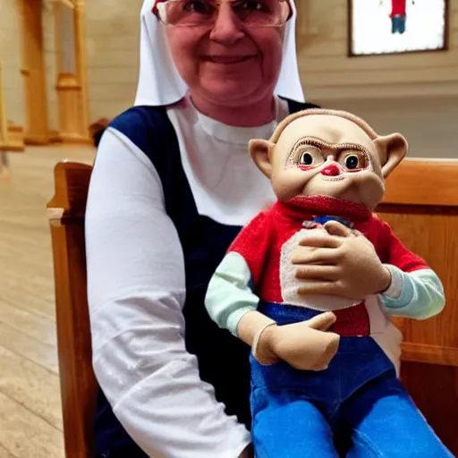 Image similar to a nun in church holding chucky the killer doll on her lap