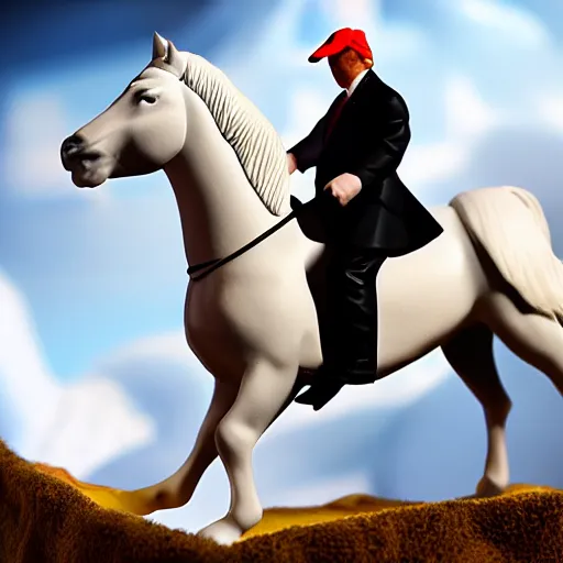 Image similar to Donald Trump riding a white horse, wide lens, diorama, 4k,