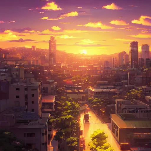 Prompt: beautiful sunset anime cityscape makoto shinkai