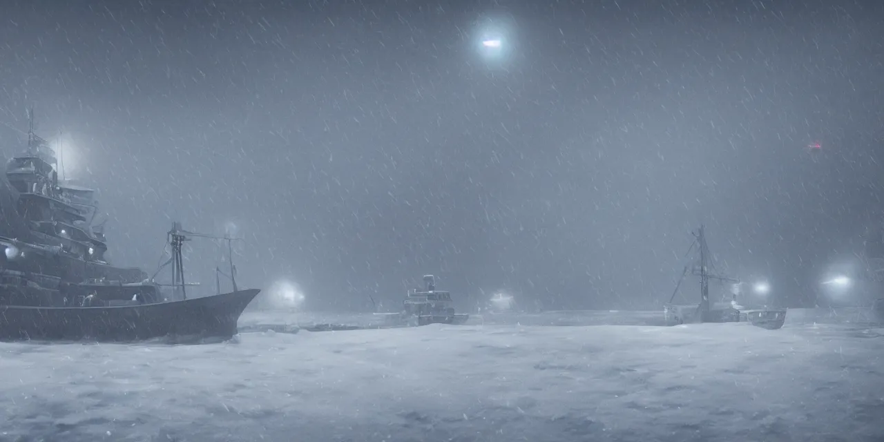 Prompt: blizzard with flashing lights obscured by snow and hail, 2 floating ships in the distance, 4k, realistic, unreal engine, cinematic