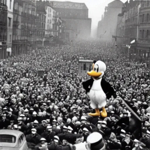 Image similar to historic colorized photograph of donald duck at a nazi parade in 1 9 3 6