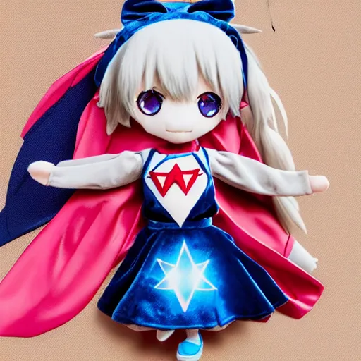Prompt: cute fumo plush of a superheroine girl in a blue dress, magical girl, gothic anime girl, velvet, vray