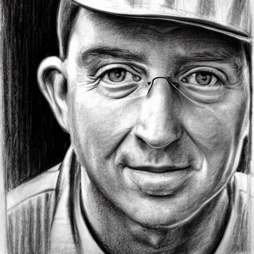 Prompt: a realistic pencil drawing of a milk delivery man of the 1 9 5 0 s, low dutch angle, face in focus, natural lighting, realism