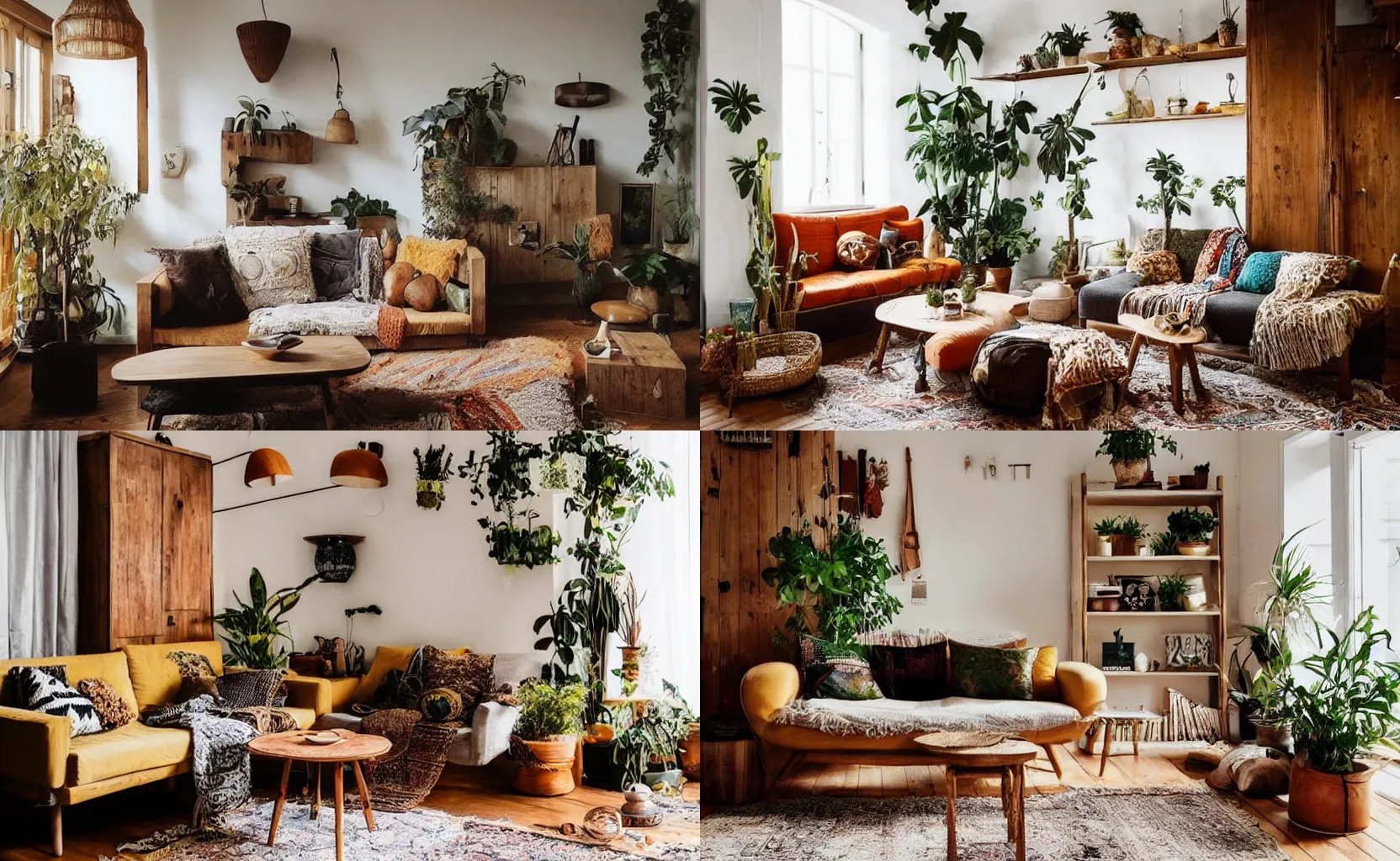 Prompt: bohemian living room interior, bright, natural materials, sofa, cupboards, lounge, rustic wood, swedish design, plant, retro futurism, ocher, earth tones, warm, rural, swedish design