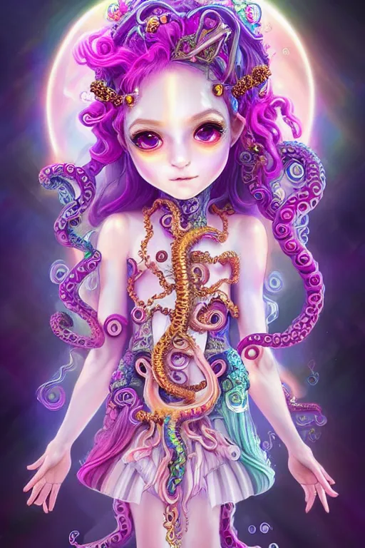 Image similar to A full body shot of a cute young magical girl wearing an ornate dress made of opals and tentacles. Chibi Monster GIrl. Subsurface Scattering. Dynamic Pose. Translucent Skin. Rainbow palette. defined facial features, symmetrical facial features. Opalescent surface. Soft Lighting. beautiful lighting. By Giger and Ruan Jia and Artgerm and WLOP and William-Adolphe Bouguereau and Loish and Lisa Frank. Fantasy Illustration. Sailor Moon. Masterpiece. trending on artstation, featured on pixiv, award winning, cinematic composition, dramatic pose, sharp, details, Hyper-detailed, HD, HDR, 4K, 8K.