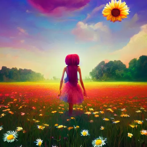 Image similar to giant daisy flower as head, full body girl floating in a flower field, surreal photography, sunrise, dramatic light, impressionist painting, colorful clouds, digital painting, artstation, simon stalenhag