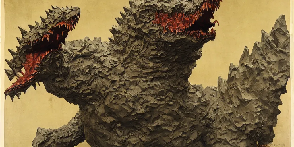 Image similar to paper mache godzilla breaking out of the artists studio, j. c. leyendecker, akira kurosawa