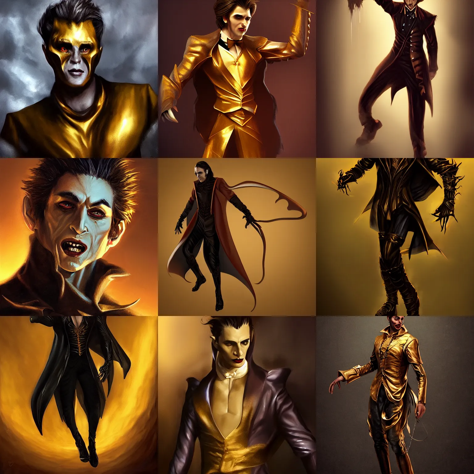 Prompt: male vampire in dark golden noble clothes in a bizarre pose, realistic painting, artstation, cinematic, dramatic lighting