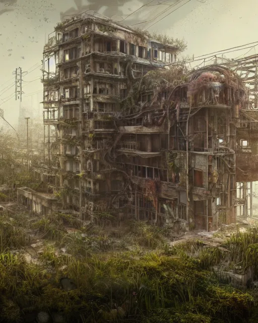 Prompt: a beautiful detailed render of abandoned nature industrial architecture urbex unfinished building architecture multi - family building by frederick mccubbin, cgsociety extraterrestial cosmic junglepunk poppy otherworldly fog biopunk assassin's creed, archdaily, wallpaper, highly detailed, trending on artstation.