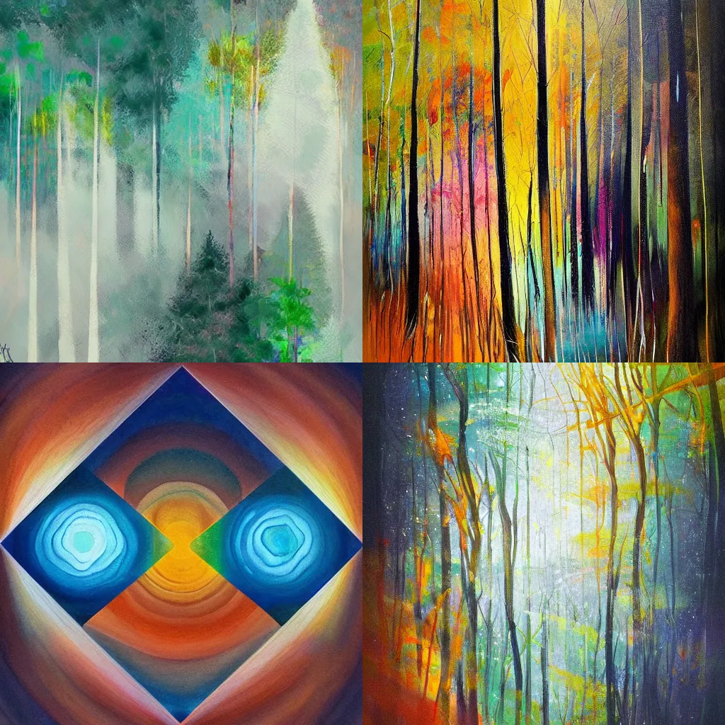 Prompt: Nature consists of beautiful geometry and symmetry over multiple dimensions. Dark and light fight over balance of the natural world. A forest. Painting. Rough brushstrokes. Fine detail. Natural colours, colourful, muted palette. Abstract art. Fine details. Trending on artstation and deviantart.