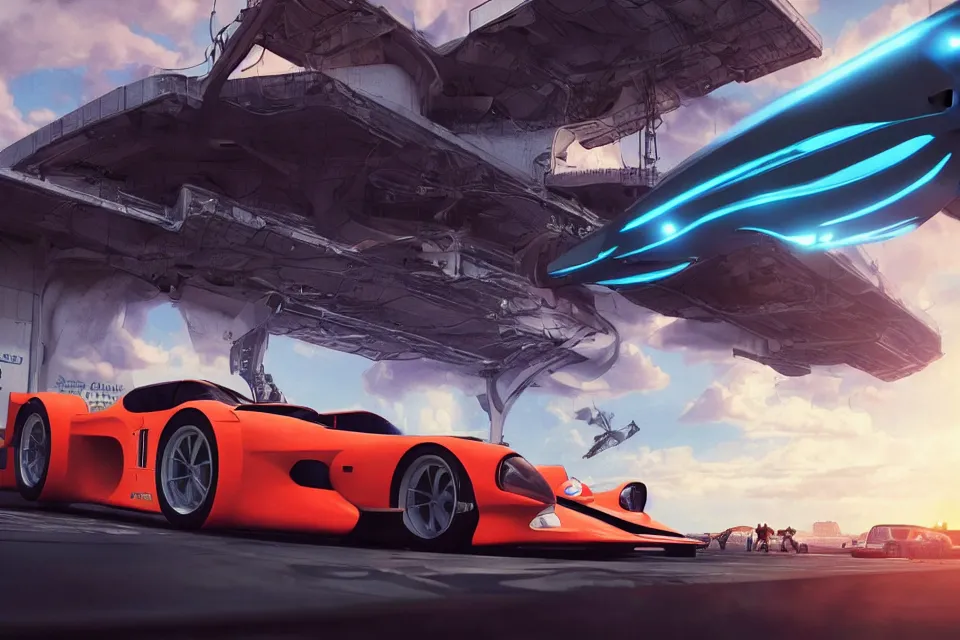 Image similar to Futuristic Hover Car Le Mans Races In Italy Circa Year 10,0000 Designed by Syd Mead and Pininfarina, beautiful sunset, photorealistic, hyperrealistic, octane render, HDR, IG Studios Anime Style
