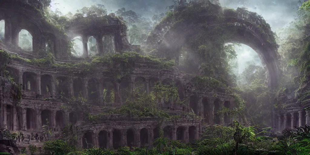 Image similar to An epic matte painting of an overgrown coloseum in the jungle, dark, mysterious, intricate, gorgeous, tropical, stunning, 4k resolution, featured on artstation, f16