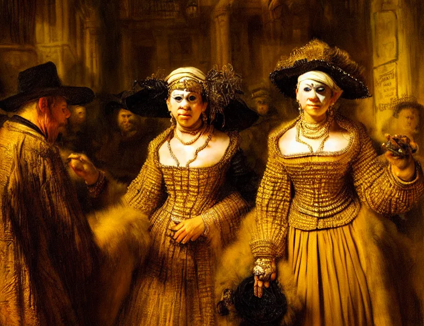 Prompt: woman selling masquerade on the streets, intricate, highly detailed, painting by rembrandt, concept art, sharp focus, rembrandt lighting