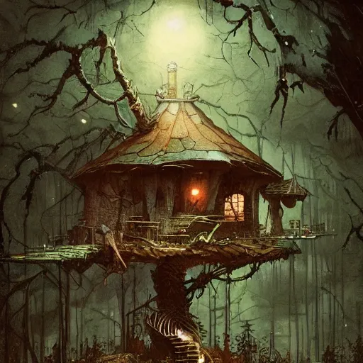 Prompt: a goblinoid human waits inside broken tree house, detailed intricate ink illustration, dark atmosphere, detailed illustration, hd, 4k, digital art, overdetailed art, concept art, by greg rutkowski, by loish, complementing colors, Trending on artstation, deviantart