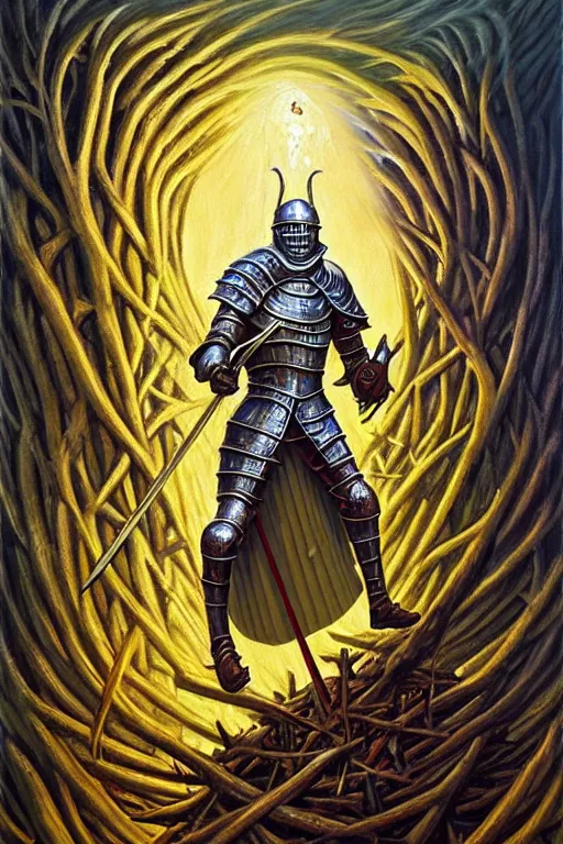 Prompt: classic oil painting, a medieval fantasy knight in a t - pose, as a dnd character, standing on a giant bird nest, cottagecore, highly detailed, digital illustration, concept art, smooth, sharp focus, art by alex grey, and tim hildebrandt