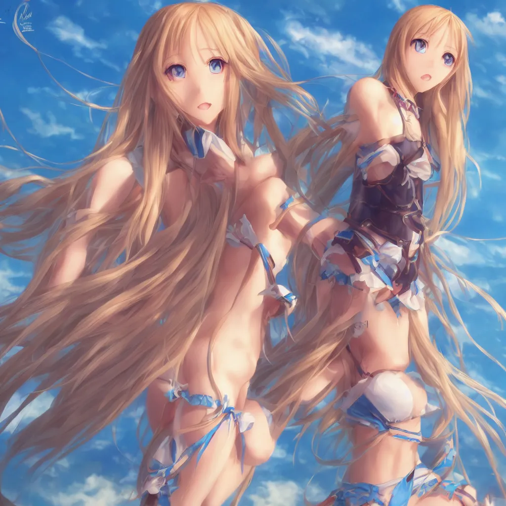 Image similar to a very beautiful young yuuki asuna, full body, long wavy blond hair, sky blue eyes, full round face,, bikini, miniskirt, front view, mid - shot, highly detailed, cinematic wallpaper by stanley artgerm lau