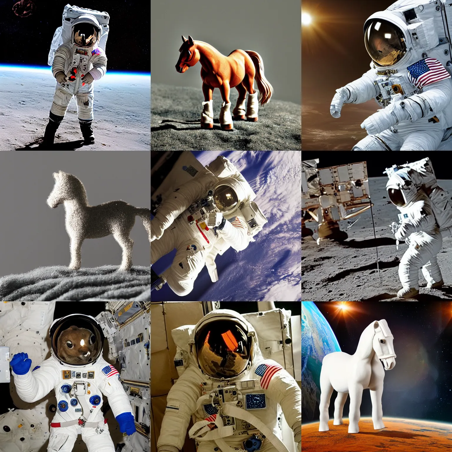 Prompt: little horse standing on astronauts shoulder