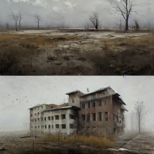 Image similar to painting by jakub rozalski of post abandoned soviet city