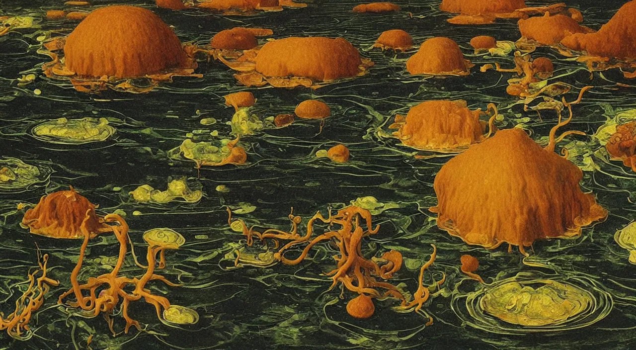 Image similar to a single fungus growing in water! in the middle of the empty ocean, a high contrast!! ultradetailed photorealistic painting by jan van eyck, audubon, rene magritte, agnes pelton, max ernst, walton ford, andreas achenbach, ernst haeckel, hard lighting, masterpiece