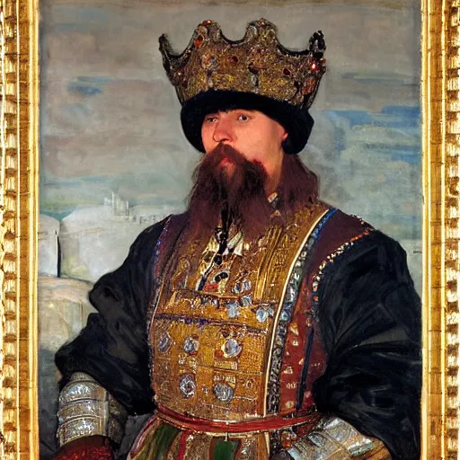 Image similar to portrait of medieval russian tsar in Cap of Monomakh sitting and holding iphone smartphone cellular masterpiece painting by vasnetsov and surikov serov, JEAN-VICTOR BERTIN, by Terence Cuneo, detailed, artfully traced, 4k resolution, cinematic, dramatic