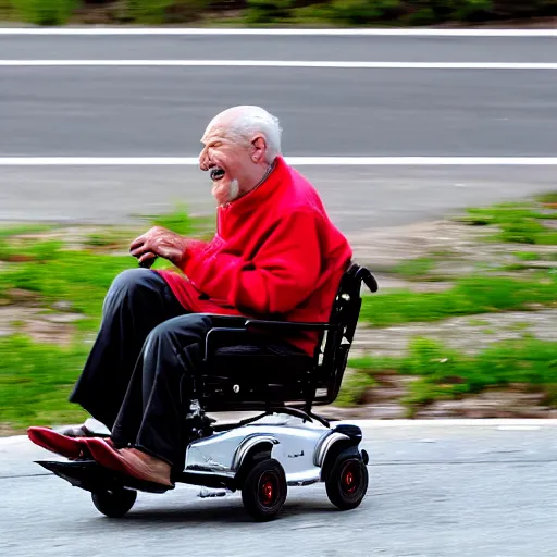 Image similar to old mad man on a red motorized wheelchair with the ferrari logo, highway, action shot