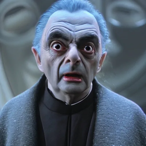 Image similar to mr. bean as darth sidious in star wars, film still, cinematic lighting, highly detailed