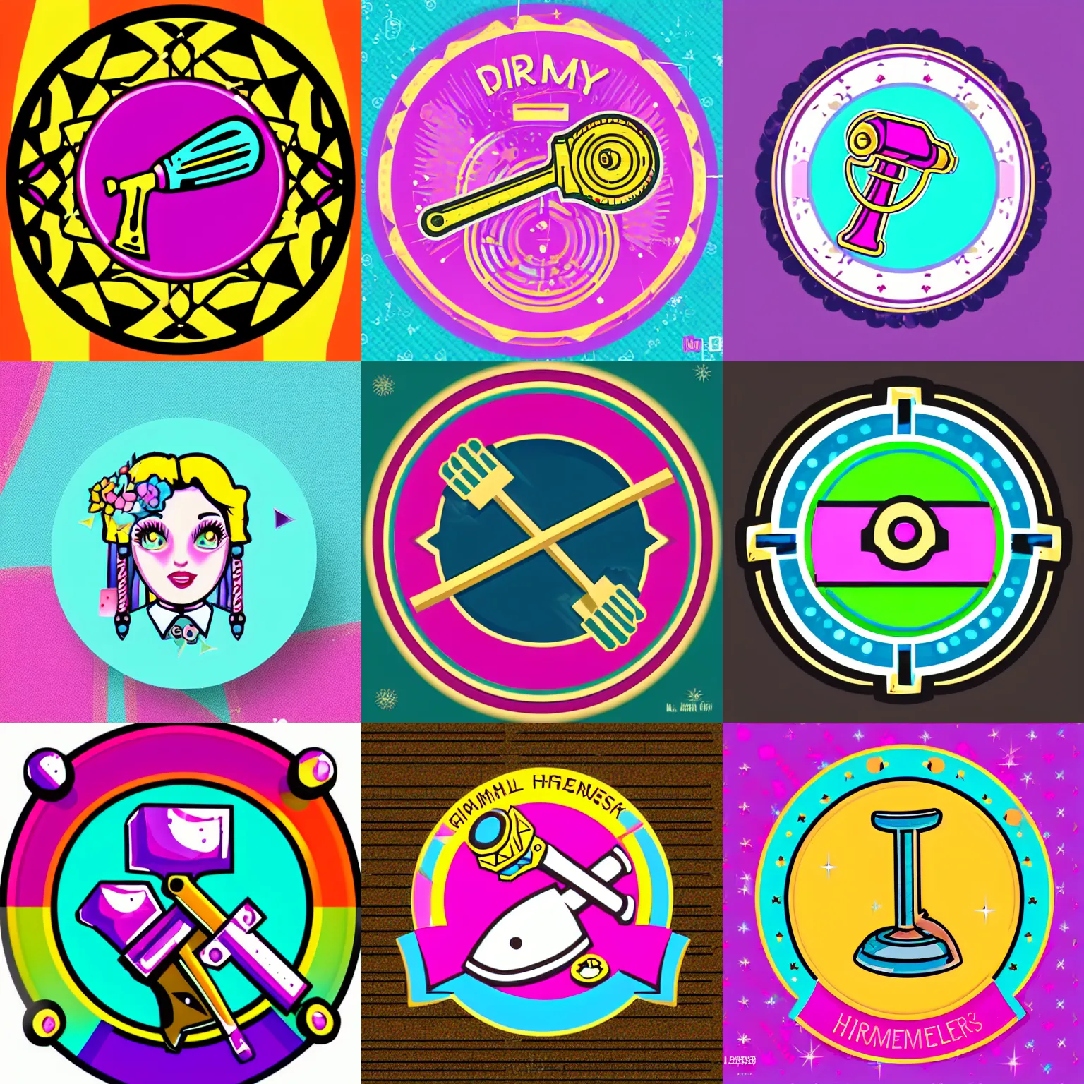 Prompt: 🔨!!!!!!!!!!!!!!!! girly proletarian hammer icon designed by lisa frank, vector graphics forum badge, svg, symmetrical, transparent background, cute, metal, enamel, cloissonne, vintage, guilloche, gem stones, gilt, swarovski, circular