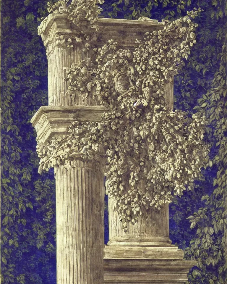 Image similar to achingly beautiful painting of intricate ancient roman corinthian capital on brilliant sapphire background by rene magritte, monet, and turner. giovanni battista piranesi.