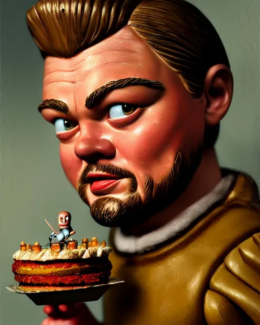 Image similar to highly detailed closeup, face profile portrait of a tin toy leonardo dicaprio as a medieval goblin eating cakes in a castle, hyper realistic, artstation, illustration, nicoletta ceccoli, mark ryden, lostfish, dan decarlo, bob clampett, max fleischer, digital paint, matte paint, vivid colors, detailed and intricate environment